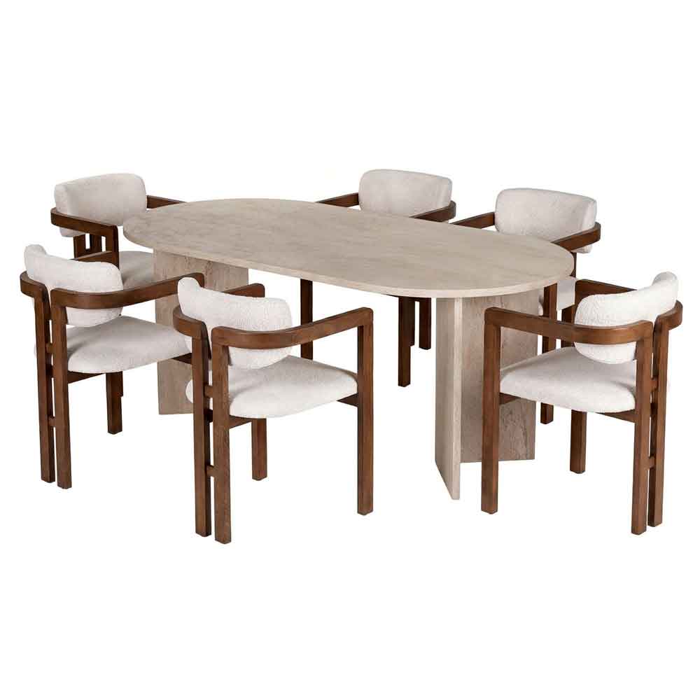 Meridale Travertine Marble Effect Oval Wooden Dining Table with 6 White Chairs