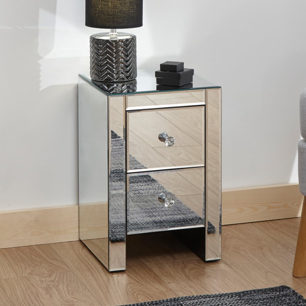 Meriden Mirrored Bedside Cabinet With 2 Drawers In Silver