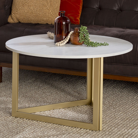 Meridian Round Marble Effect Coffee Table In White With Gold Legs