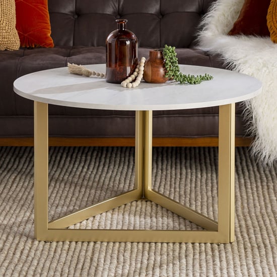 Photo of Meridian wooden coffee table round in white marble effect