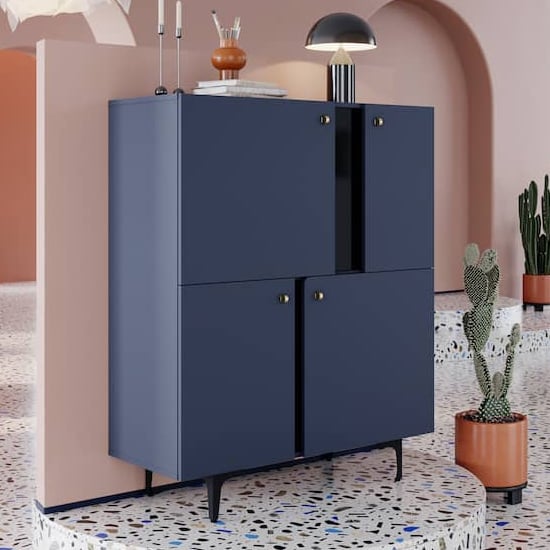 Merill Wooden Highboard With 4 Doors In Navy