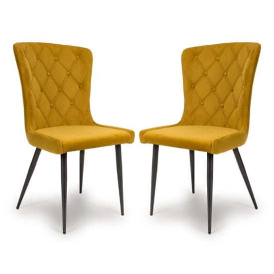 Product photograph of Merill Mustard Velvet Dining Chairs With Metal Legs In Pair from Furniture in Fashion