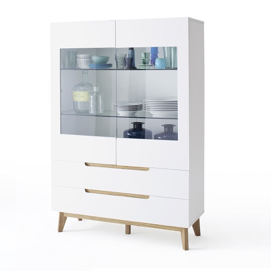 Merina Glass Display Cabinet In Matt White And Knotty Oak