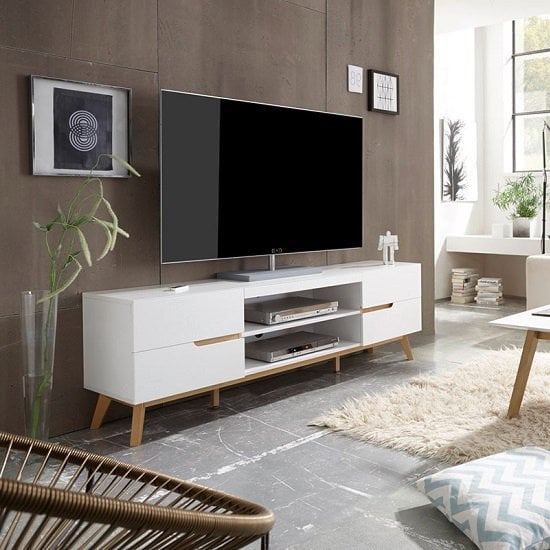 Read more about Merina lowboard tv stand in matt white and oak with 4 drawers