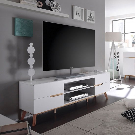 Merina Lowboard TV Stand In Matt White And Oak With 4 Drawers_2