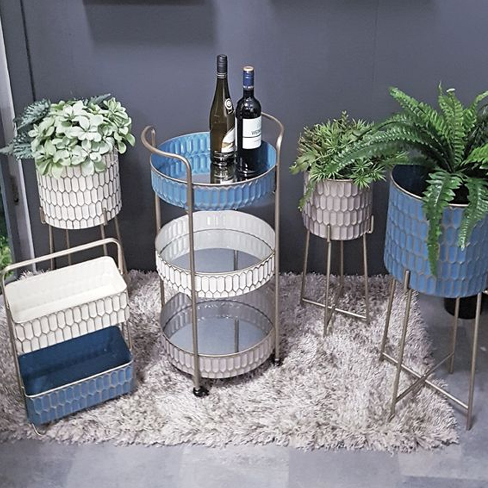 Merksem Metal Set Of 3 Planter In Turquoise Cream And Taupe