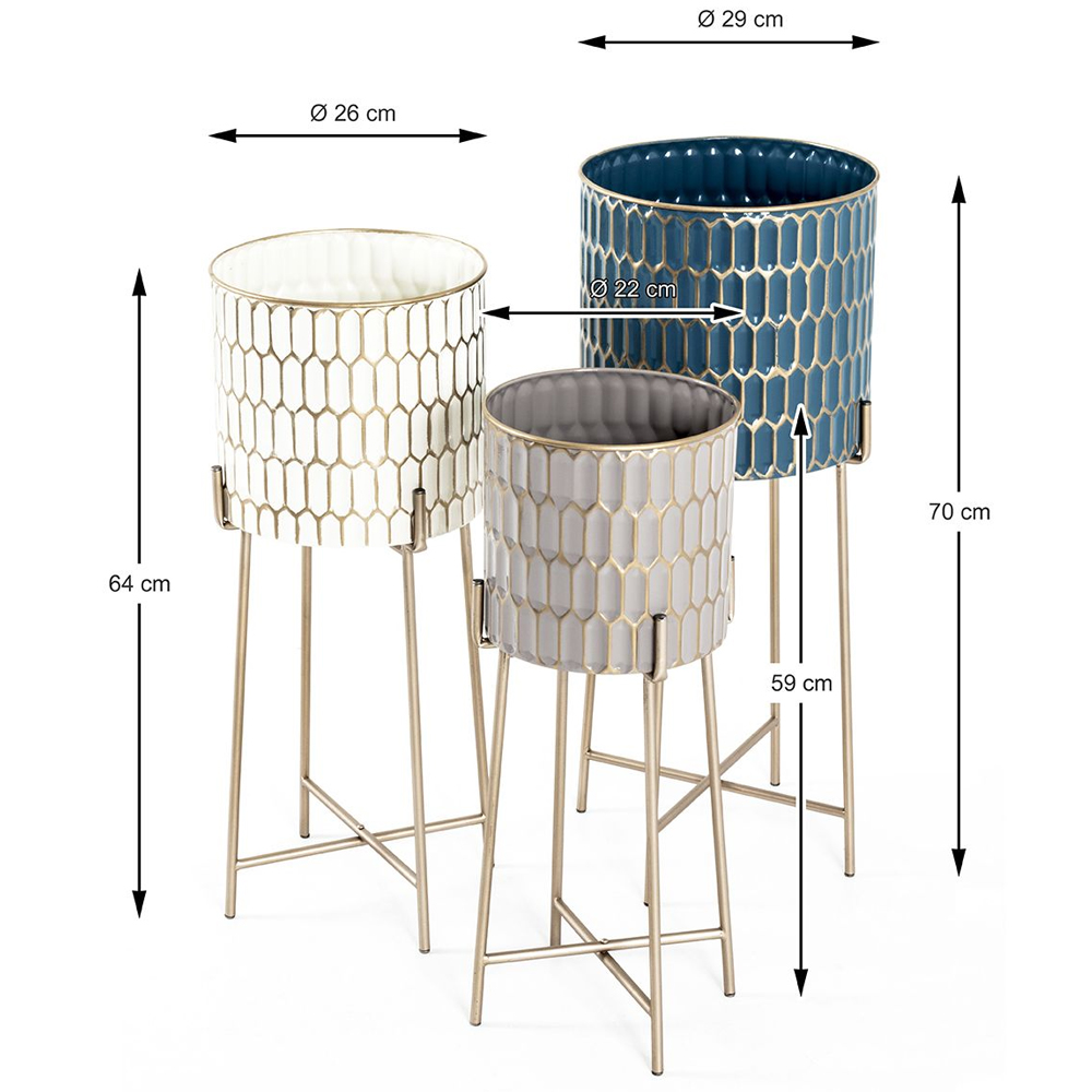 Merksem Metal Set Of 3 Planter In Turquoise Cream And Taupe