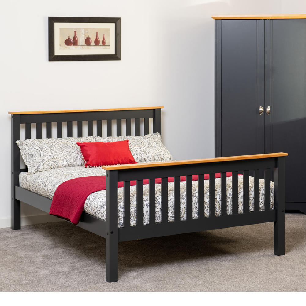 Read more about Merlin wooden high foot double bed in dark grey and oak