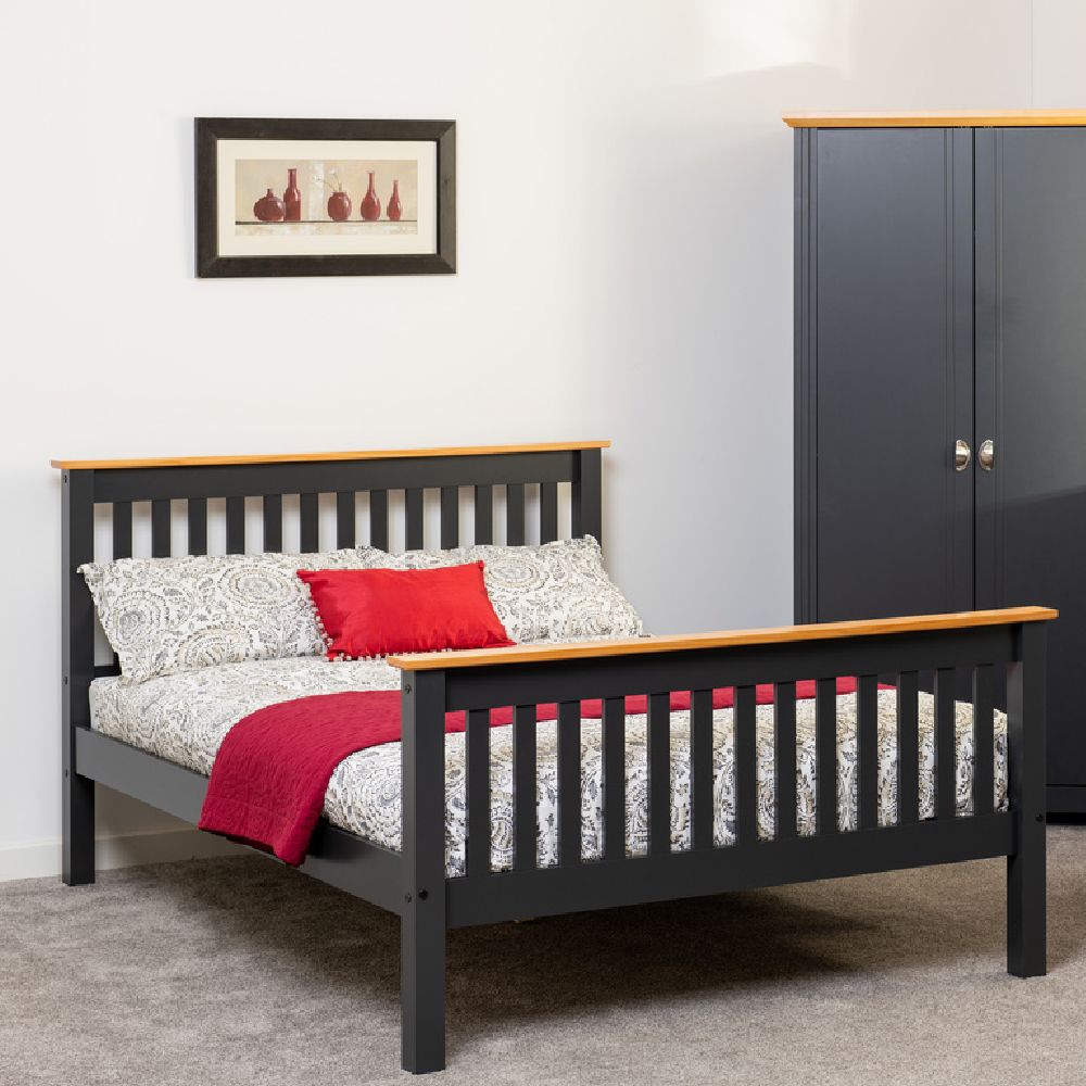 Read more about Merlin wooden high foot king size bed in dark grey and oak
