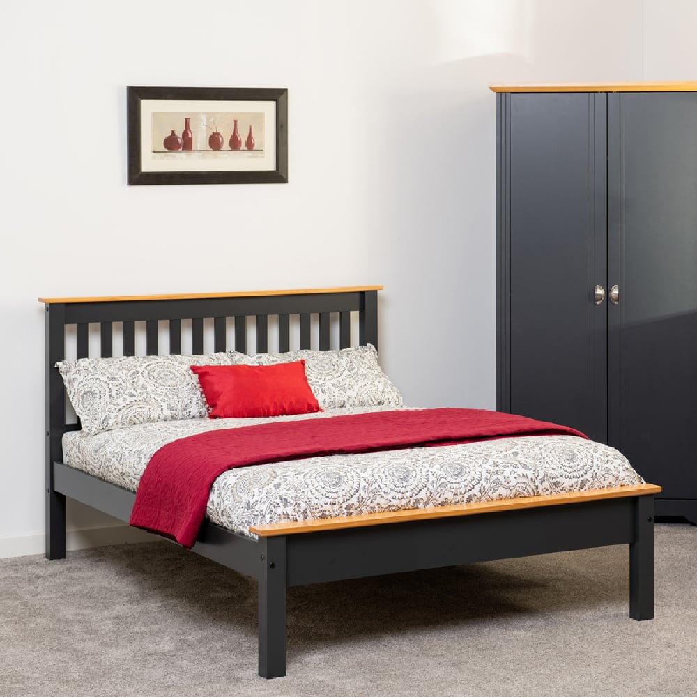 Read more about Merlin wooden low foot king size bed in dark grey and oak