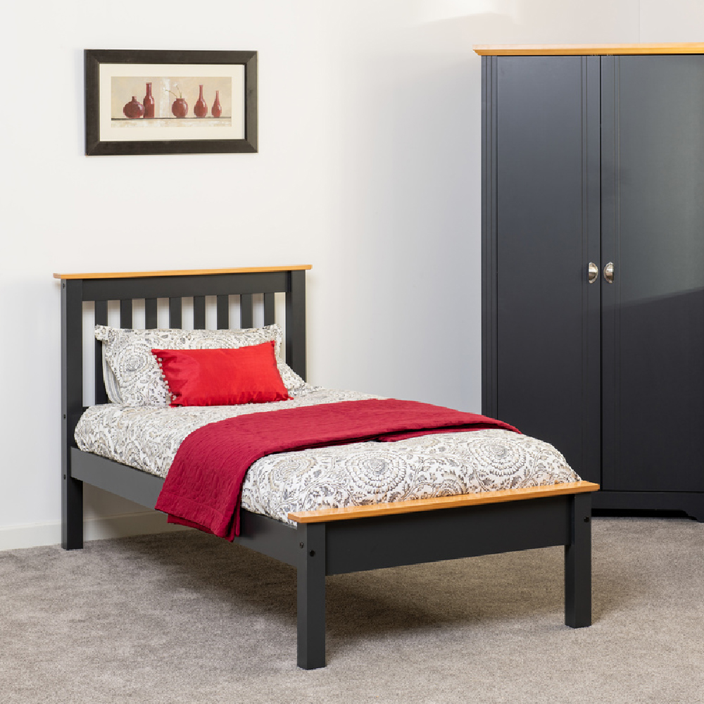 Read more about Merlin wooden low foot single bed in dark grey and oak