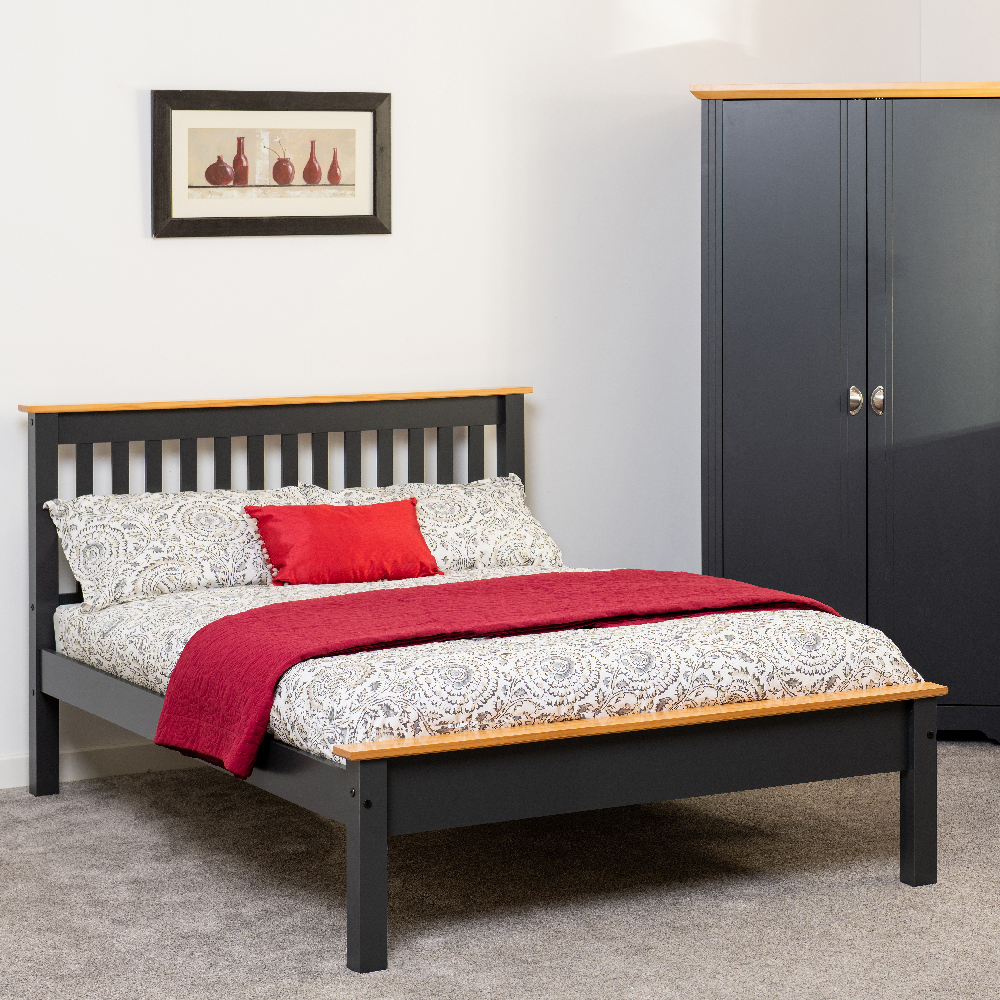 Read more about Merlin wooden low foot small double bed in dark grey and oak