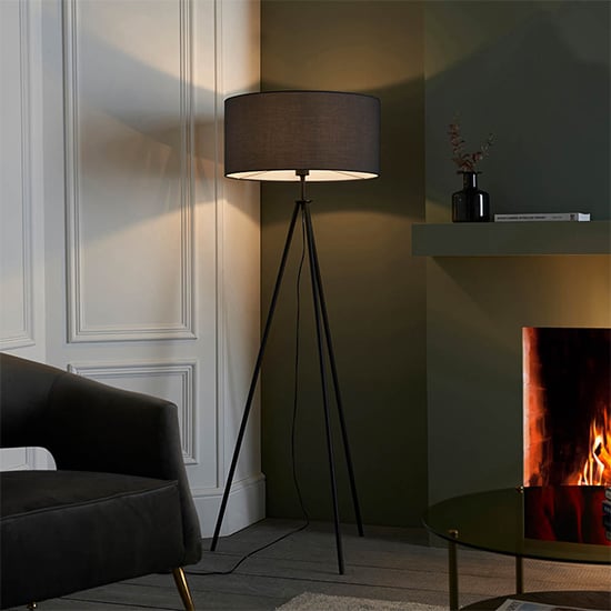 Read more about Merrill cylinder black shade floor lamp with matt black tripod
