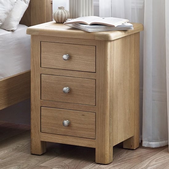 Product photograph of Merritt Wooden Bedside Cabinet With 3 Drawers In Limed Oak from Furniture in Fashion