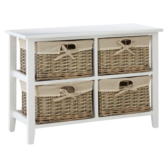 Photo of Mesan wide wooden chest of 4 woven willow drawers in white