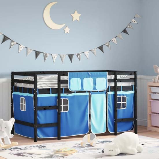 Product photograph of Messina Kids Pinewood Loft Bed In Black With Blue Curtains from Furniture in Fashion