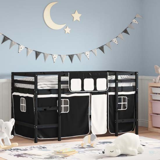 Read more about Messina kids pinewood loft bed in black with white black curtains