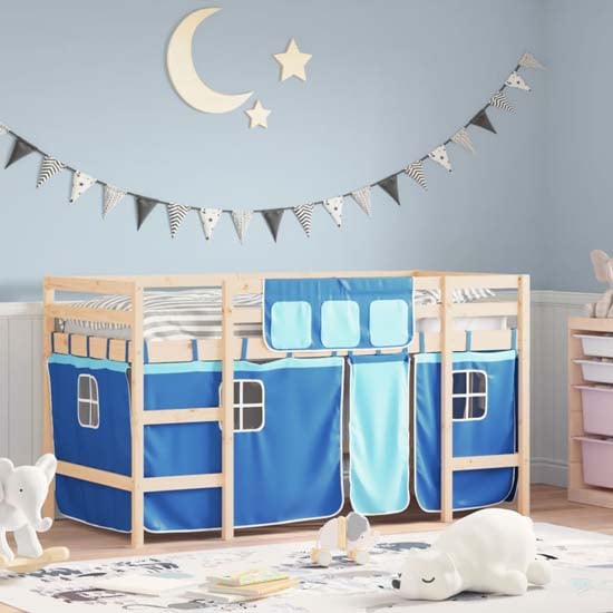Read more about Messina kids pinewood loft bed in natural with blue curtains