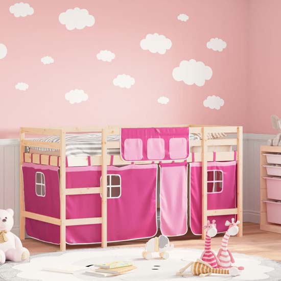 Product photograph of Messina Kids Pinewood Loft Bed In Natural With Pink Curtains from Furniture in Fashion