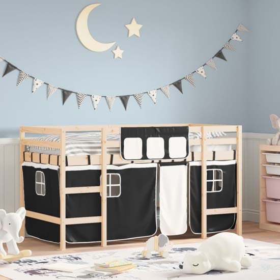 Product photograph of Messina Kids Pinewood Loft Bed In Natural With White Black Curtains from Furniture in Fashion