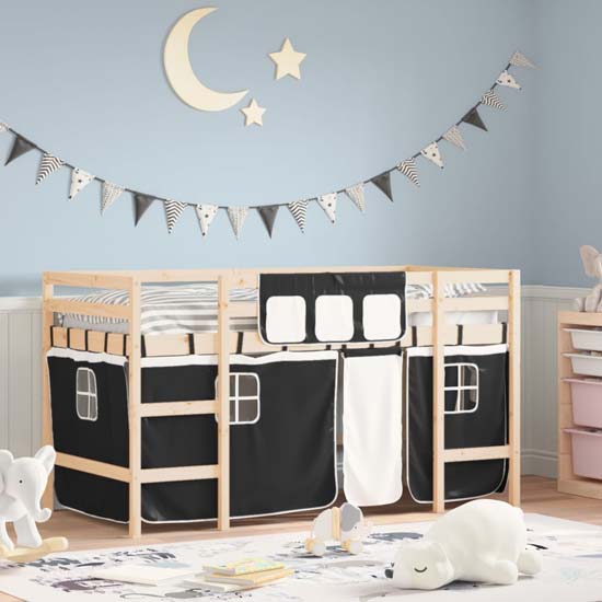 Read more about Messina kids pinewood loft bed in natural with white black curtains