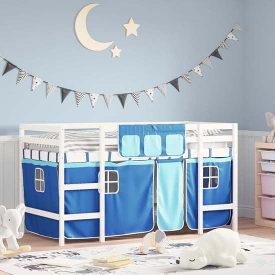 Messina Kids Pinewood Loft Bed In White With Blue Curtains