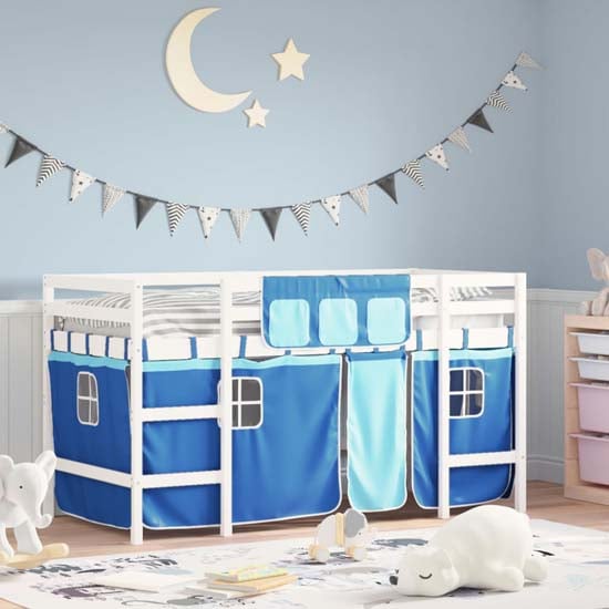 Read more about Messina kids pinewood loft bed in white with blue curtains