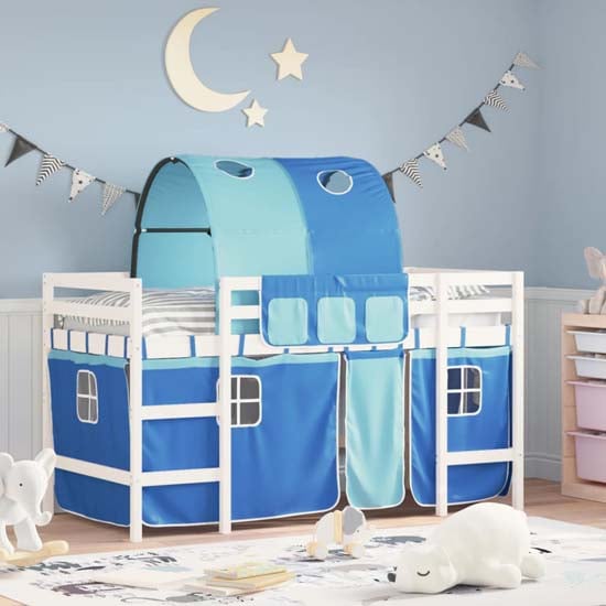 Messina Kids Pinewood Loft Bed In White With Blue Tunnel