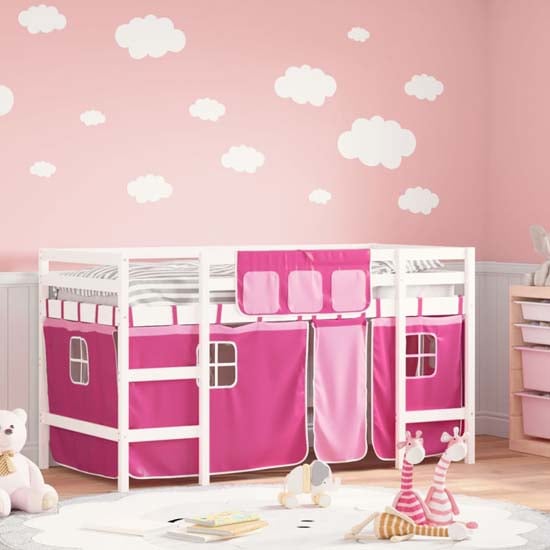 Messina Kids Pinewood Loft Bed In White With Pink Curtains
