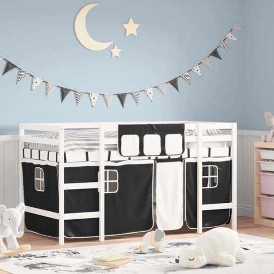 Messina Kids Pinewood Loft Bed In White With White Black Curtains