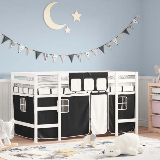 Read more about Messina kids pinewood loft bed in white with white black curtains