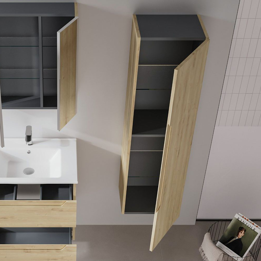 Messina Tall Wooden Wall Mounted Bathroom Storage Cabinet in Oak
