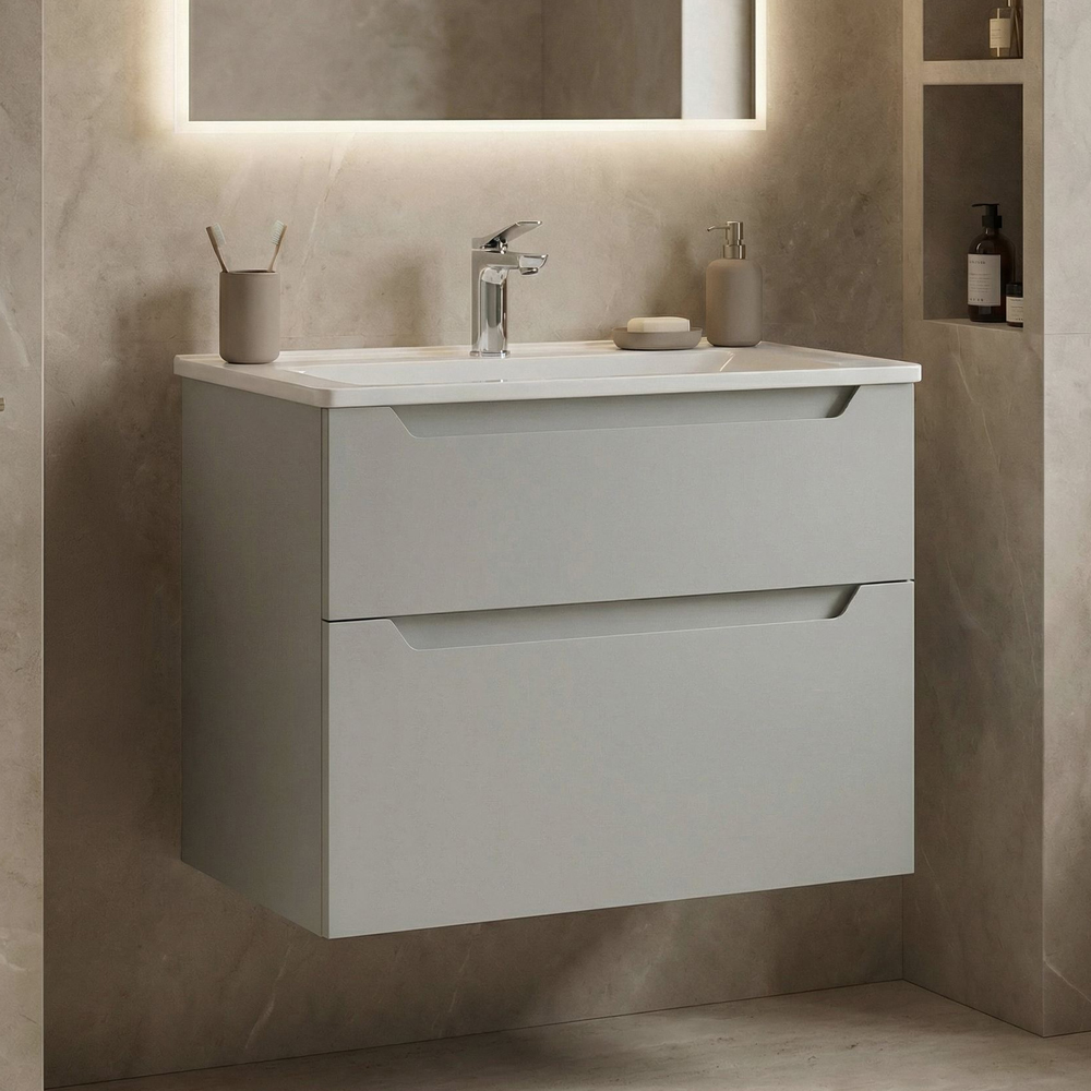 Messina Wooden Wall Mounted Vanity Unit & Basin with 2 Drawers in Matte Cashmere
