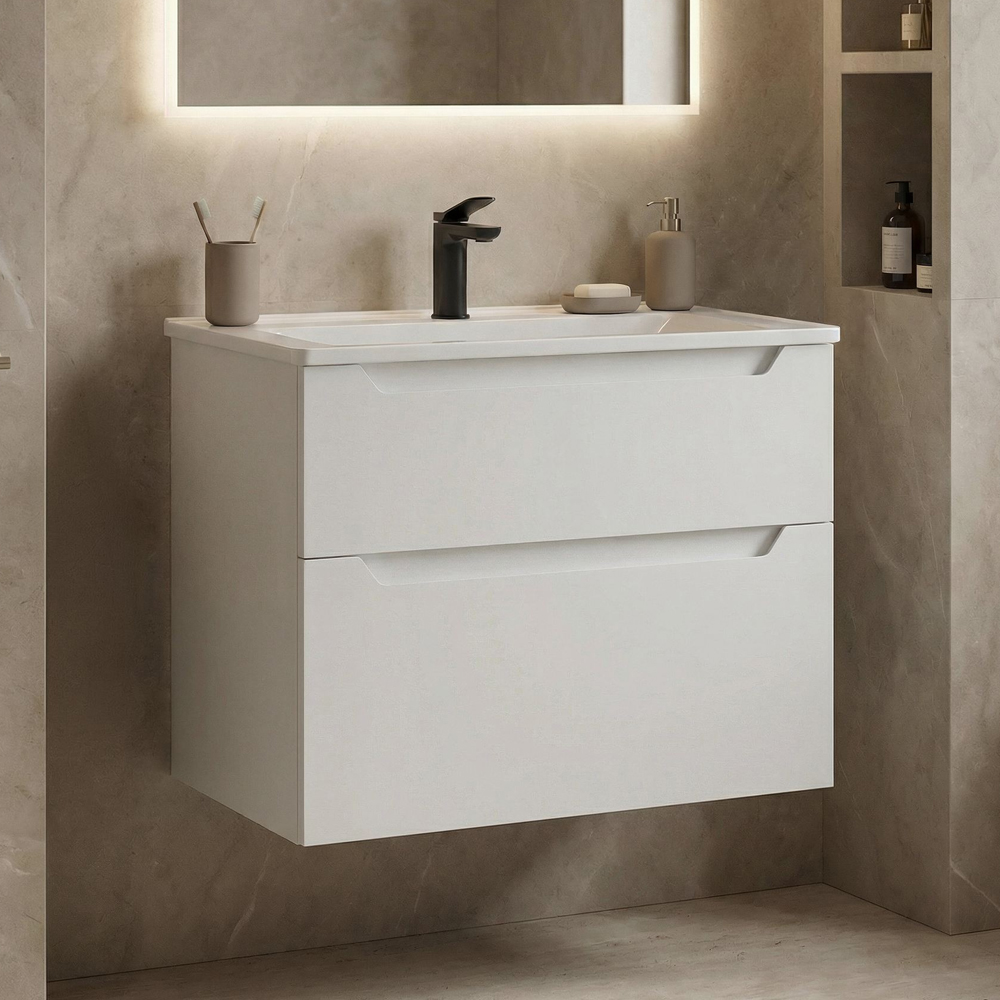 Messina Wooden Wall Mounted Vanity Unit & Basin with 2 Drawers in Matte White