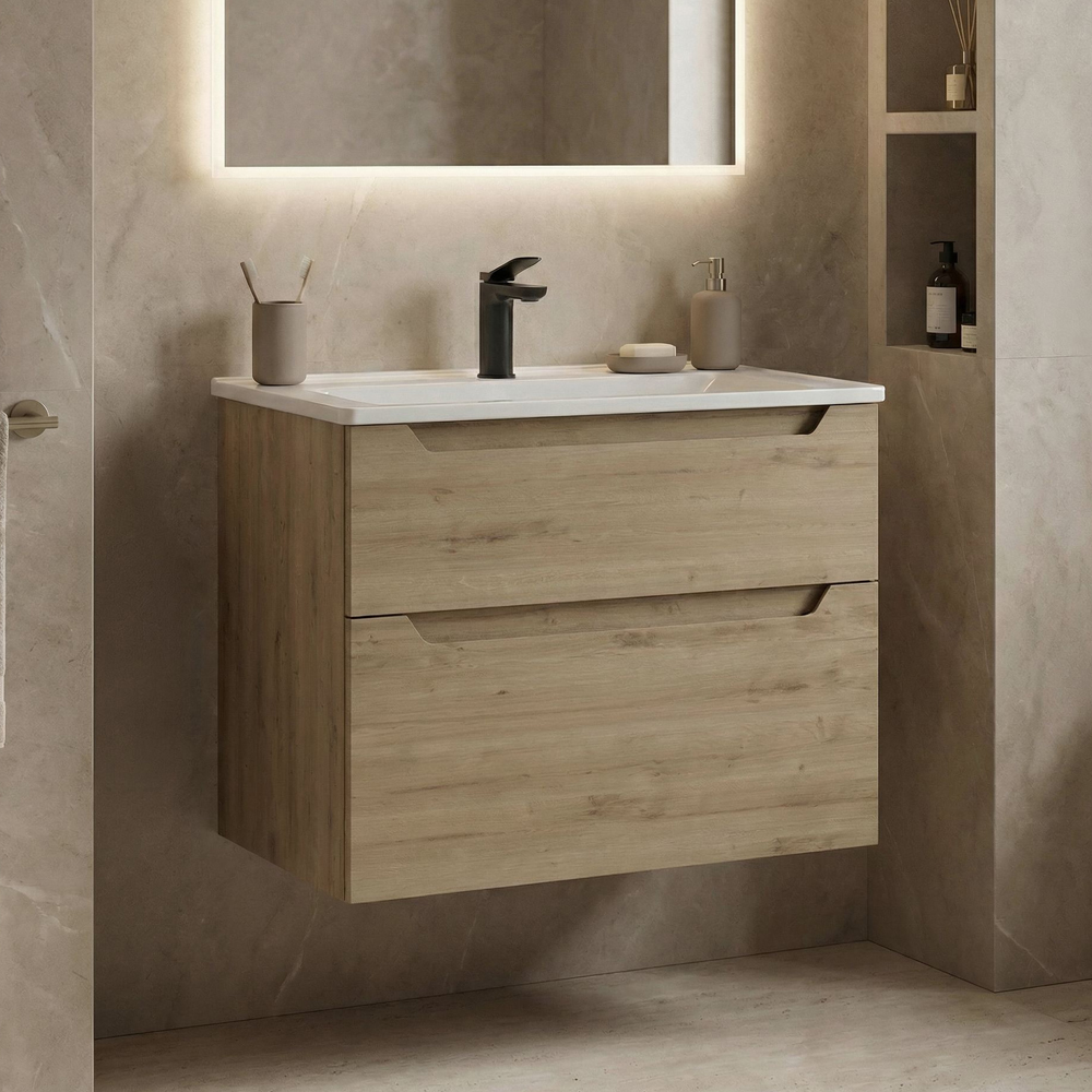 Messina Wooden Wall Mounted Vanity Unit & Basin with 2 Drawers in Oak