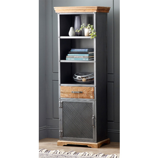 Read more about Metapoly industrial bookcase in acacia with 1 door 1 drawer