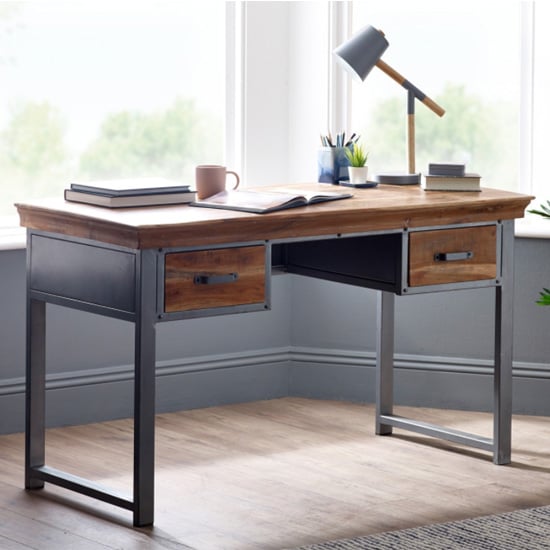 Read more about Metapoly industrial study desk in acacia with 2 drawers