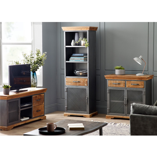 Metapoly Industrial TV Stand In Acacia With 1 Door 2 Drawers