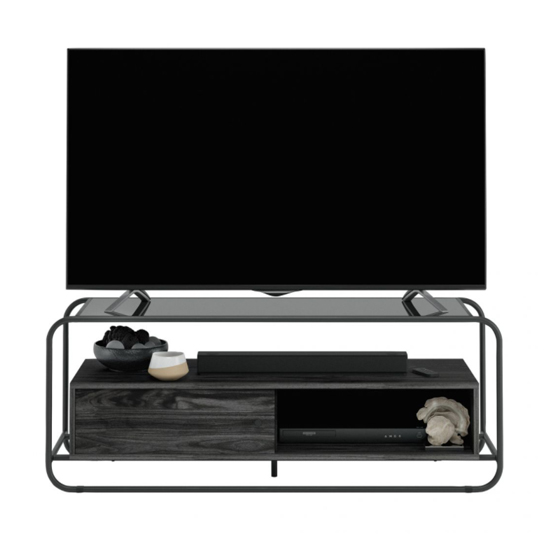 Manawa Black Glass TV Stand With Misted Elm Frame