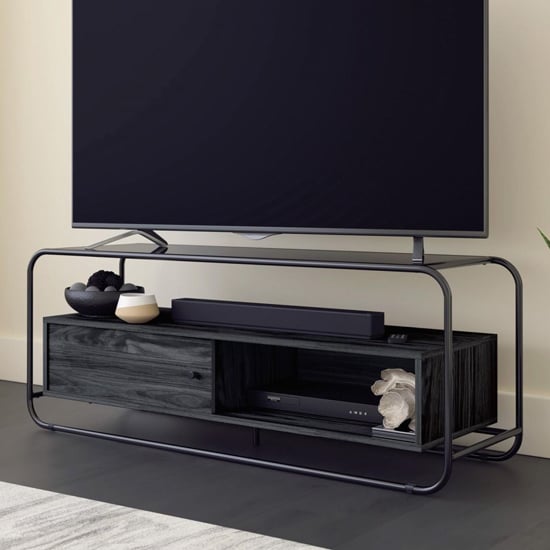 Read more about Metro wooden tv stand with open shelf in misted elm