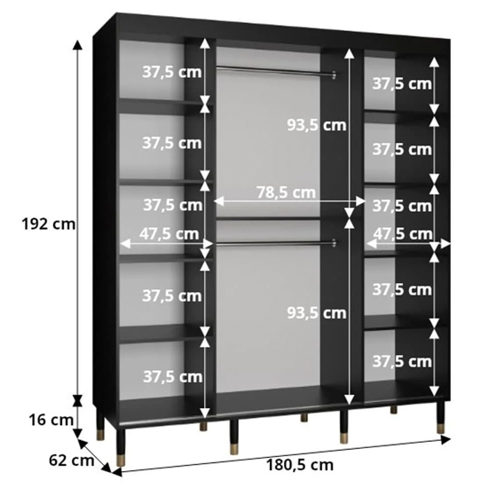 Metz II Mirrored Wardrobe With 2 Sliding Doors 180cm In Black