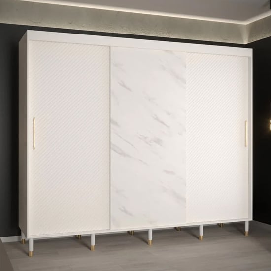 Product photograph of Metz Wooden Wardrobe With 3 Sliding Doors 250cm In White from Furniture in Fashion