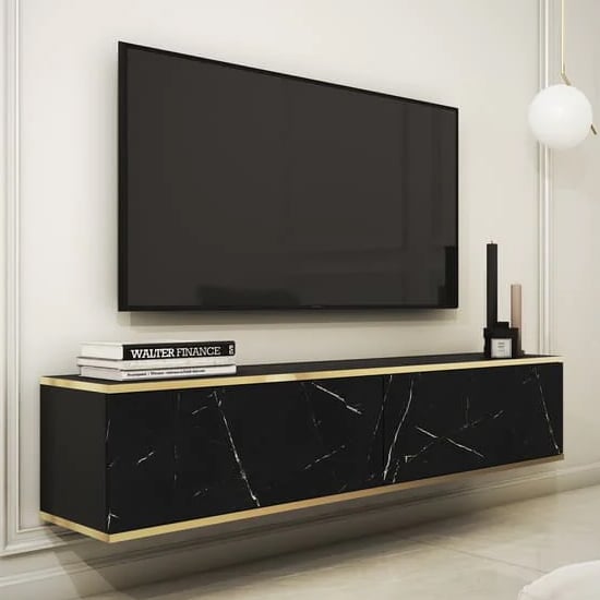 Product photograph of Mexico Floating Wooden Tv Stand 2 Doors In Black Marble Effect from Furniture in Fashion