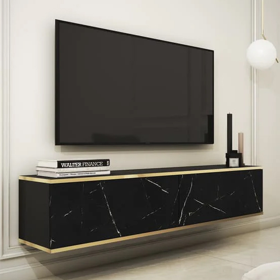 Read more about Mexico floating wooden tv stand 2 doors in black marble effect