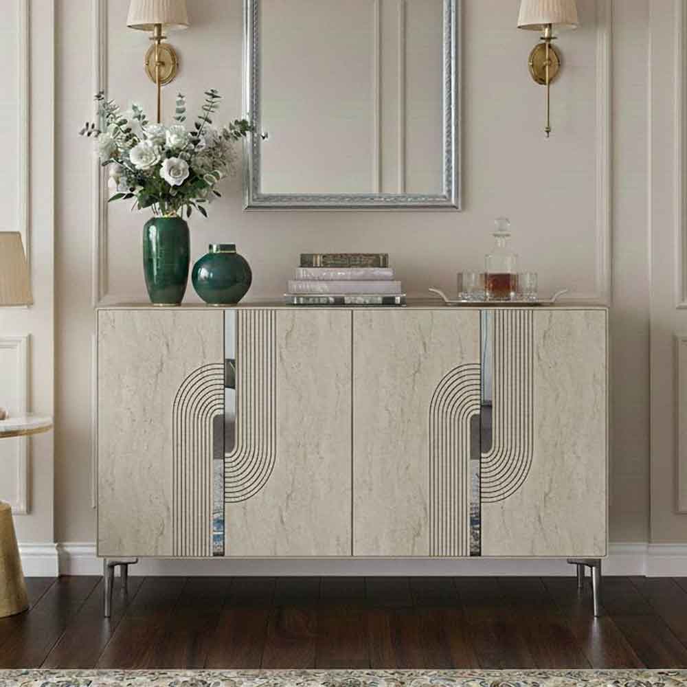 Meyra Wooden Sideboard in White and Travertine Marble Effect