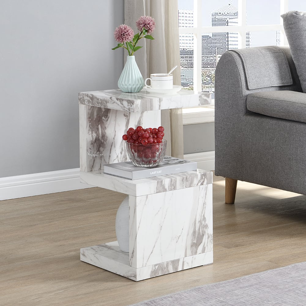 Miami High Gloss S Shape Side Table In Filo Marble Effect