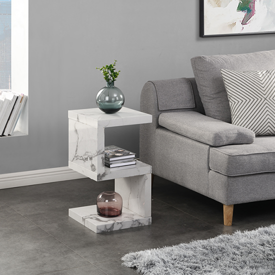 Miami High Gloss S Shape Side Table In Diva Marble Effect