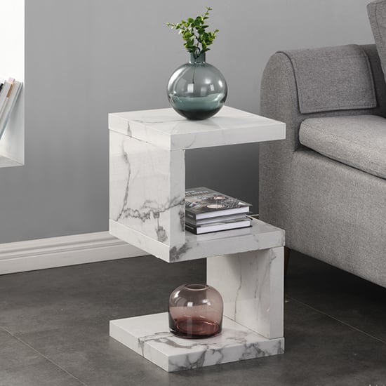 Product photograph of Miami High Gloss S Shape Side Table In Diva Marble Effect from Furniture in Fashion