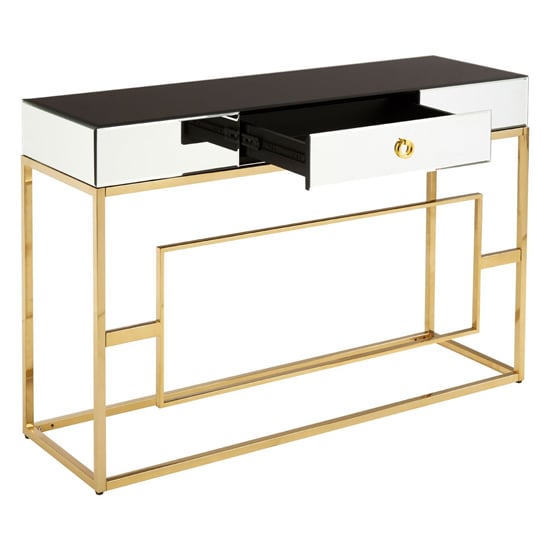Miasma Black Mirrored Console Table With Gold Steel Base_2