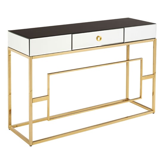 Photo of Miasma black mirrored console table with gold steel base